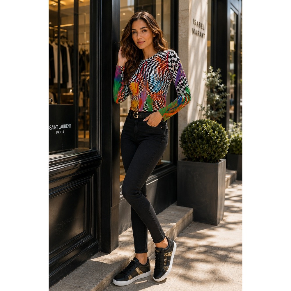 BruceGlen Checkered Graffiti Print Long Sleeve Top Multicolor Large L Tencel
